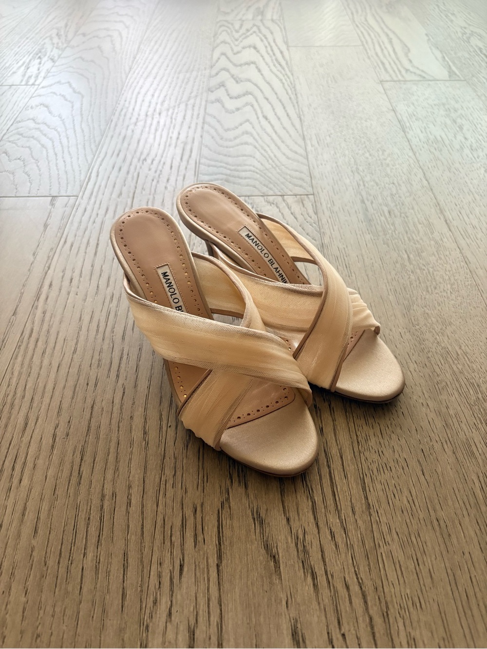 Manolo Blahnik Nude Satin Crisscross Mule Sandals